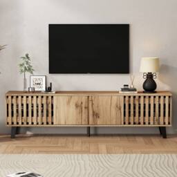 Rolipo 180cm Natural Wood TV Stand for 70 Inch TV with 4 Doors in Brown