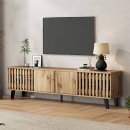 Rolipo 180cm Natural Wood TV Stand for 70 Inch TV with 4 Doors in Brown - thumbnail 4