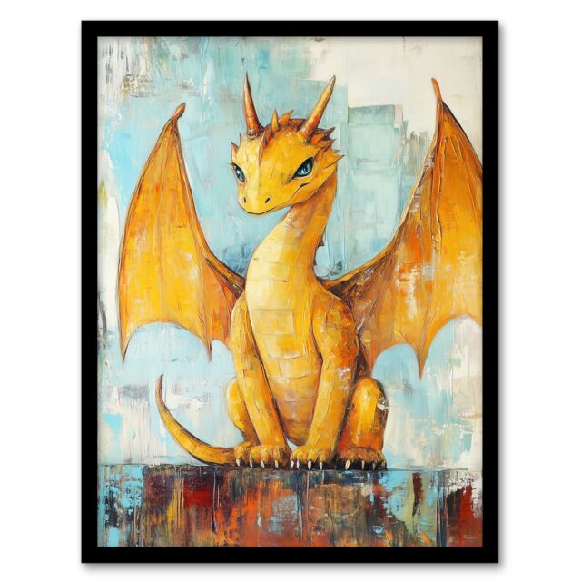 Artery8 Cute Yellow Dragon with Big Wings Oil Painting Framed Art Print - Size: A4 - image 1