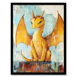 Artery8 Cute Yellow Dragon with Big Wings Oil Painting Framed Art Print - Size: A4 - thumbnail 1