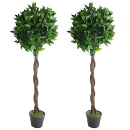 Leaf Pair of 120cm (4ft) Twisted Stem Artificial Topiary Bay Laurel Ball Trees in Green - thumbnail 1