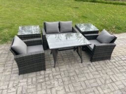 Fimous Outdoor Garden Furniture High Back Rattan Sofa Dining Table Set with 2 Side Tables Dark Grey Mixed - thumbnail 2