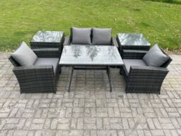 Fimous Outdoor Garden Furniture High Back Rattan Sofa Dining Table Set with 2 Side Tables Dark Grey Mixed - thumbnail 1