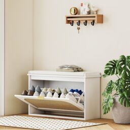 HOMCOM Boho Shoe Bench with Padded Seat & Flip-Drawer in White