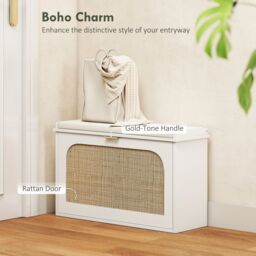 HOMCOM Boho Shoe Bench with Padded Seat & Flip-Drawer in White - thumbnail 4