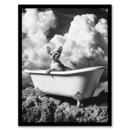 Artery8 Cat Lover Sphinx in Bathtub Black White Surreal Framed Art Print in Grey - Size: A4 - thumbnail 1