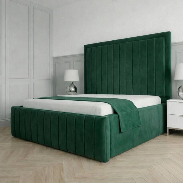 Living Comfort Bedz Sovereign Plush Velvet Upholstered Bed Slatted Base - 48Inch Headboard in Green - Size: Super King - image 1