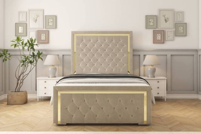 "Sloomy Sofia Gold Plush Frame-Mattress - 50"" Upholstered Headboard in Cream - Size: Single" - image 1