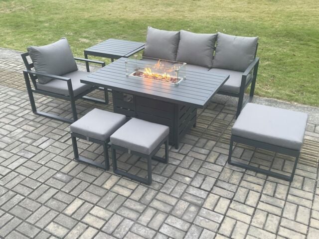 Fimous Aluminium 7 Pieces Garden Furniture Sofa Set with Cushions Gas Fire Pit Dining Table Set with 3 Footstools Side Table Dark Grey - image 1
