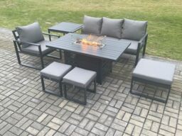 Fimous Aluminium 7 Pieces Garden Furniture Sofa Set with Cushions Gas Fire Pit Dining Table Set with 3 Footstools Side Table Dark Grey - thumbnail 1