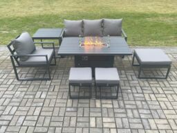 Fimous Aluminium 7 Pieces Garden Furniture Sofa Set with Cushions Gas Fire Pit Dining Table Set with 3 Footstools Side Table Dark Grey - thumbnail 2