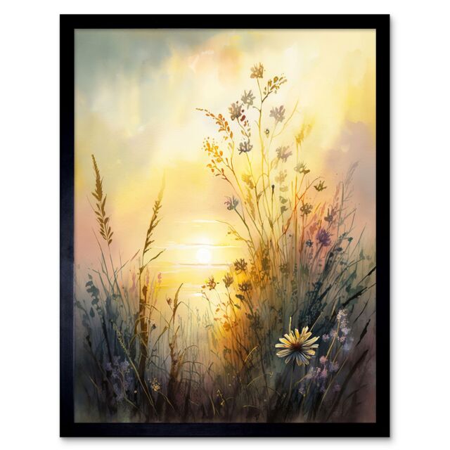"Artery8 Wall Art Print Wildflower by Lakeside on a Misty Morning Sunrise Modern Watercolour Painting Art Framed in Black - Size: W12"" x H16""" - image 1