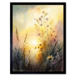 "Artery8 Wall Art Print Wildflower by Lakeside on a Misty Morning Sunrise Modern Watercolour Painting Art Framed in Black - Size: W12"" x H16""" - thumbnail 1