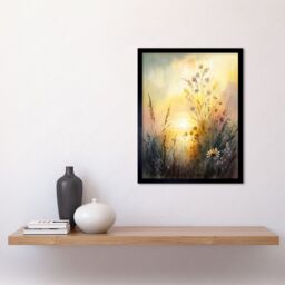 "Artery8 Wall Art Print Wildflower by Lakeside on a Misty Morning Sunrise Modern Watercolour Painting Art Framed in Black - Size: W12"" x H16""" - thumbnail 2