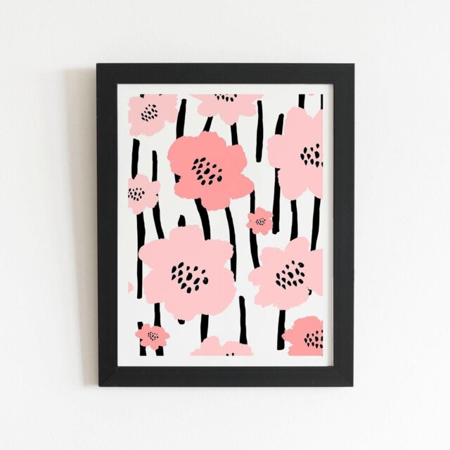 "Warren Reed - Designer Pastel Pink Flowers Framed Art Print in Black - Size: W12"" x H16""" - image 1