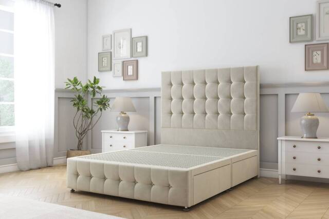 "Sloomy Berlin Plush Divan Bed Base 2 Drawers Right Side With 26"" Strutted Headboard & 12"" Matching Footboard in Cream - Size: Double" - image 1