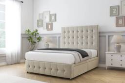 "Sloomy Berlin Plush Divan Bed Base 2 Drawers Right Side With 26"" Strutted Headboard & 12"" Matching Footboard in Cream - Size: Double" - thumbnail 3