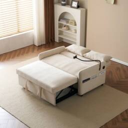 Matteo Modern 2-Seater Sofa Bed - Pull-Out, USB & Adj. Back - Beige Chenille - thumbnail 5
