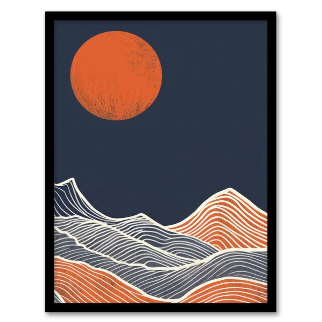 Artery8 Wall Art Print Sea Waves Lines Sun Blue Orange Abstract Painting Art Framed Poster in Black - Size: A4 - image 1
