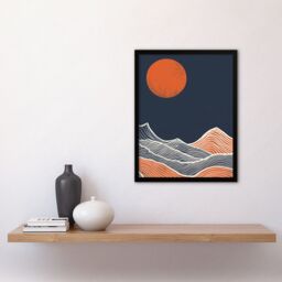 Artery8 Wall Art Print Sea Waves Lines Sun Blue Orange Abstract Painting Art Framed Poster in Black - Size: A4 - thumbnail 4