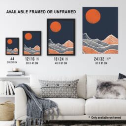 Artery8 Wall Art Print Sea Waves Lines Sun Blue Orange Abstract Painting Art Framed Poster in Black - Size: A4 - thumbnail 3