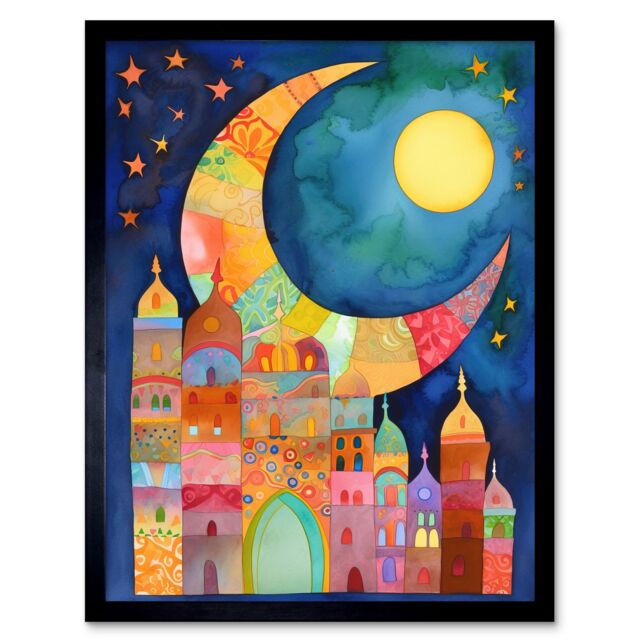 "Artery8 Wall Art Print Eid Crescent Moon Cityscape Folk Art Watercolour Painting Art Framed in Black - Size: W12"" x H16""" - image 1