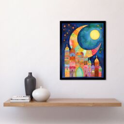 "Artery8 Wall Art Print Eid Crescent Moon Cityscape Folk Art Watercolour Painting Art Framed in Black - Size: W12"" x H16""" - thumbnail 2