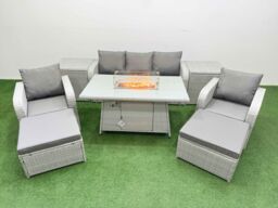 Fimous PE Rattan Garden Furniture Set Reclining Chair Sofa Lounge Sofa Set Firepit Dining Table 2 Side Table 2 Big Footstool Light Grey - thumbnail 2