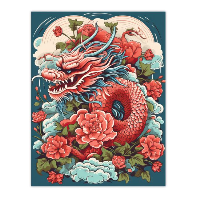 "Artery8 Wall Art Print Fantasy Dragon Fierce Peony Flower 2024 China Year Of The Dragon Poster in Red - Size: W18"" x H24""" - image 1
