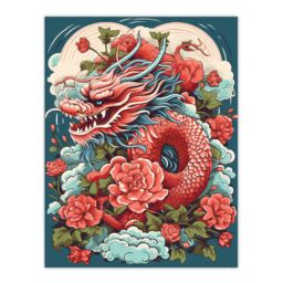 "Artery8 Wall Art Print Fantasy Dragon Fierce Peony Flower 2024 China Year Of The Dragon Poster in Red - Size: W18"" x H24""" - thumbnail 1