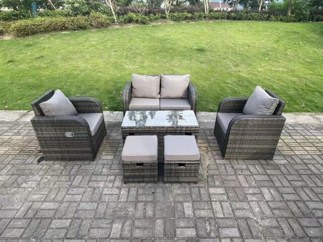 Fimous PE Wicker Rattan Garden Furniture Set Love Sofa Reclining Chair Outdoor Rectangular Coffee Table Stools in Dark Grey - image 1