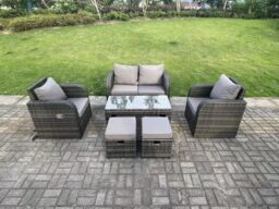 Fimous PE Wicker Rattan Garden Furniture Set Love Sofa Reclining Chair Outdoor Rectangular Coffee Table Stools in Dark Grey - thumbnail 1