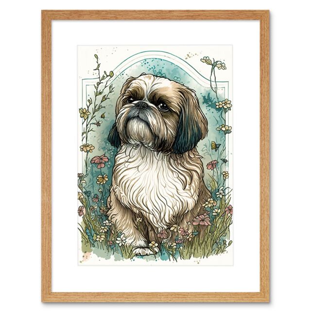 "Artery8 Wall Art Print Shih Tzu Dog with Wildflowers Modern Art Nouveau Inspired Artwork Framed 9X7 Inch in Beige - Size: W7"" x H9""" - image 1