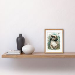 "Artery8 Wall Art Print Shih Tzu Dog with Wildflowers Modern Art Nouveau Inspired Artwork Framed 9X7 Inch in Beige - Size: W7"" x H9""" - thumbnail 2