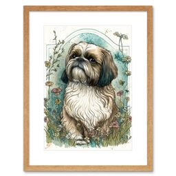 "Artery8 Wall Art Print Shih Tzu Dog with Wildflowers Modern Art Nouveau Inspired Artwork Framed 9X7 Inch in Beige - Size: W7"" x H9""" - thumbnail 1