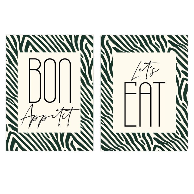 Artery8 Wall Art Print Pack of 2 A4 Bon Appetit Let's Eat Typography with Zebra Stripes Pattern Kitchen Sign Living Room s Set - image 1
