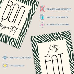 Artery8 Wall Art Print Pack of 2 A4 Bon Appetit Let's Eat Typography with Zebra Stripes Pattern Kitchen Sign Living Room s Set - thumbnail 4