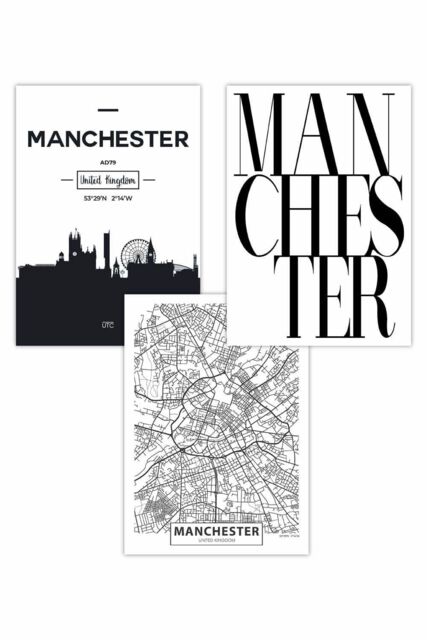 ARTZE Set of 3 MANCHESTER Skyline Street Map City Prints Art Posters in Black - Size: W50 cm x H70 cm - image 1