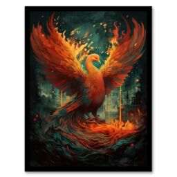Artery8 Wall Art Print Majestic Phoenix Bird Concept Painting Blue Orange Red Mythical Creature Rising from the Ashes Spreading Fire Wings Vibrant - thumbnail 1