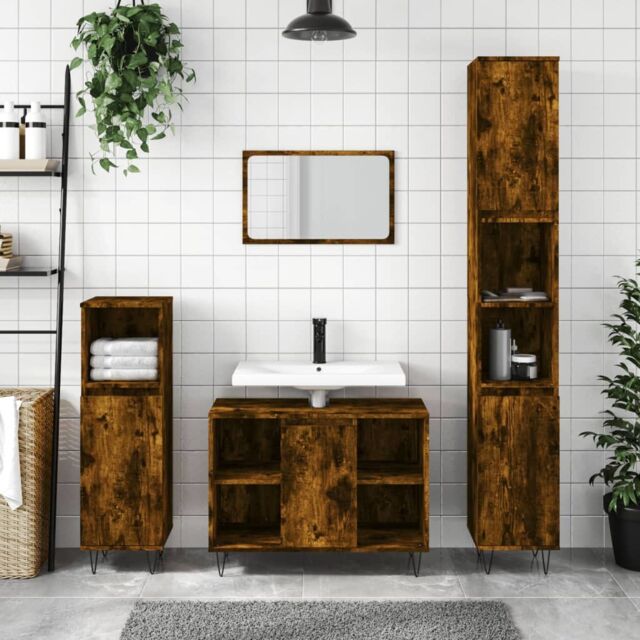 Berkfield Home Bathroom Cabinet Smoked Oak 30x30x100 cm Engineered Wood in Brown - Size: 30 x 30 x 100 cm - image 1