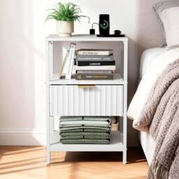FORGEVIO Wood Bedside Table 1 Drawers Cabinet Charging Station in White - thumbnail 3