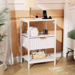 FORGEVIO Wood Bedside Table 1 Drawers Cabinet Charging Station in White - thumbnail 5