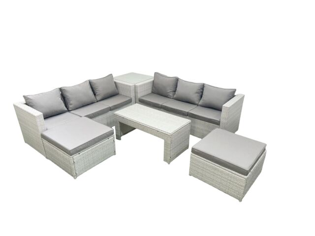 Fimous 8 Seater Garden Outdoor Rattan Furniture Set Rattan Garden Sofa Oblong Coffee Table with 2 Big Footstools Side Table Light Grey Mixed - image 1