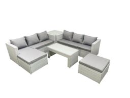 Fimous 8 Seater Garden Outdoor Rattan Furniture Set Rattan Garden Sofa Oblong Coffee Table with 2 Big Footstools Side Table Light Grey Mixed - thumbnail 1