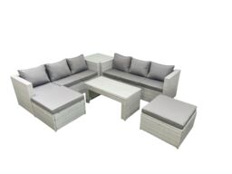 Fimous 8 Seater Garden Outdoor Rattan Furniture Set Rattan Garden Sofa Oblong Coffee Table with 2 Big Footstools Side Table Light Grey Mixed - thumbnail 2