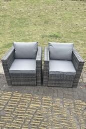 Fimous 2 PC Outdoor Rattan Arm Sofa Chair Garden Furniture With Seat & Back Cushion Dark Grey Mixed - thumbnail 3
