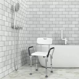 Costway Height Adjustable Padded Tub Bath Seat Disability Shower Chair Stool W/ Armrest in White - thumbnail 6