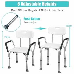 Costway Height Adjustable Padded Tub Bath Seat Disability Shower Chair Stool W/ Armrest in White - thumbnail 2