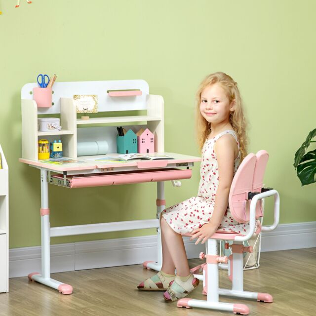 HOMCOM Kids Desk & Chair Set, Height Adjustable Study Table for 3-12 Years in Pink - image 1