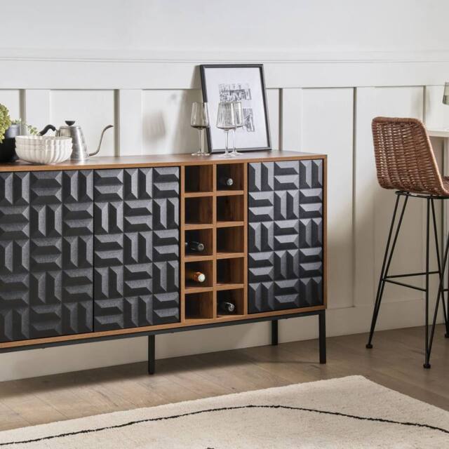 Wyld and Coco Timberline Home Sideboard Dark Brown Wood Steel Legs 3 Doors and Built - image 1
